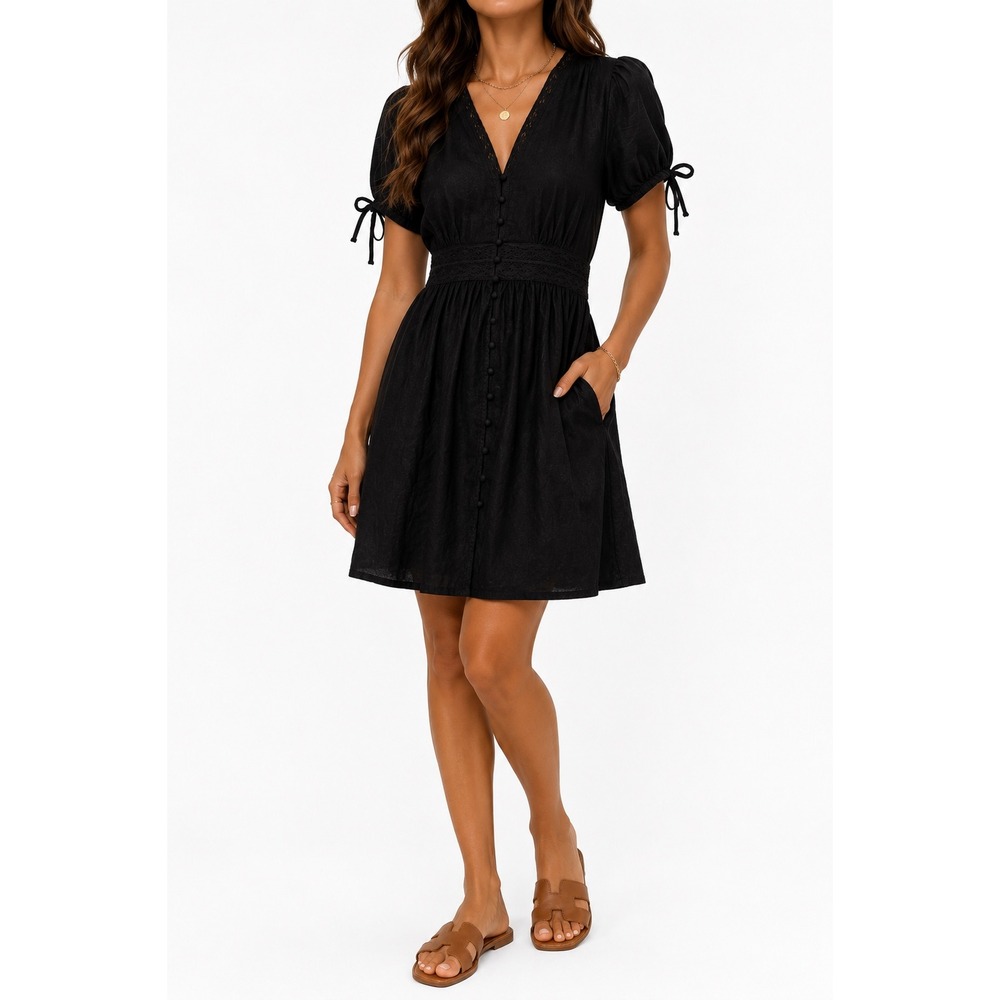 Lucky Brand Lucky Linen Black Boho Linen Blend Mini Dress Puff sleeve Size S